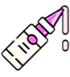 Tilted glue or paint bottle with pink cap dispensing a drop