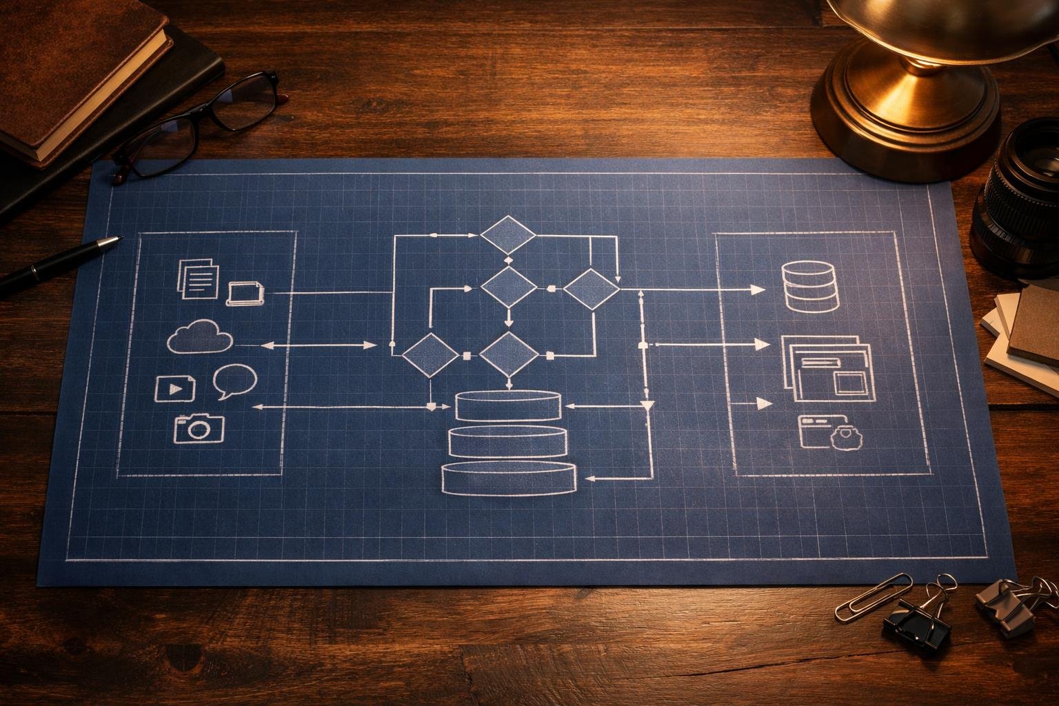 Three-pillar n8n Webflow editorial automation architecture blueprint showing content ingestion, quality-gated orchestration, and CMS publishing
