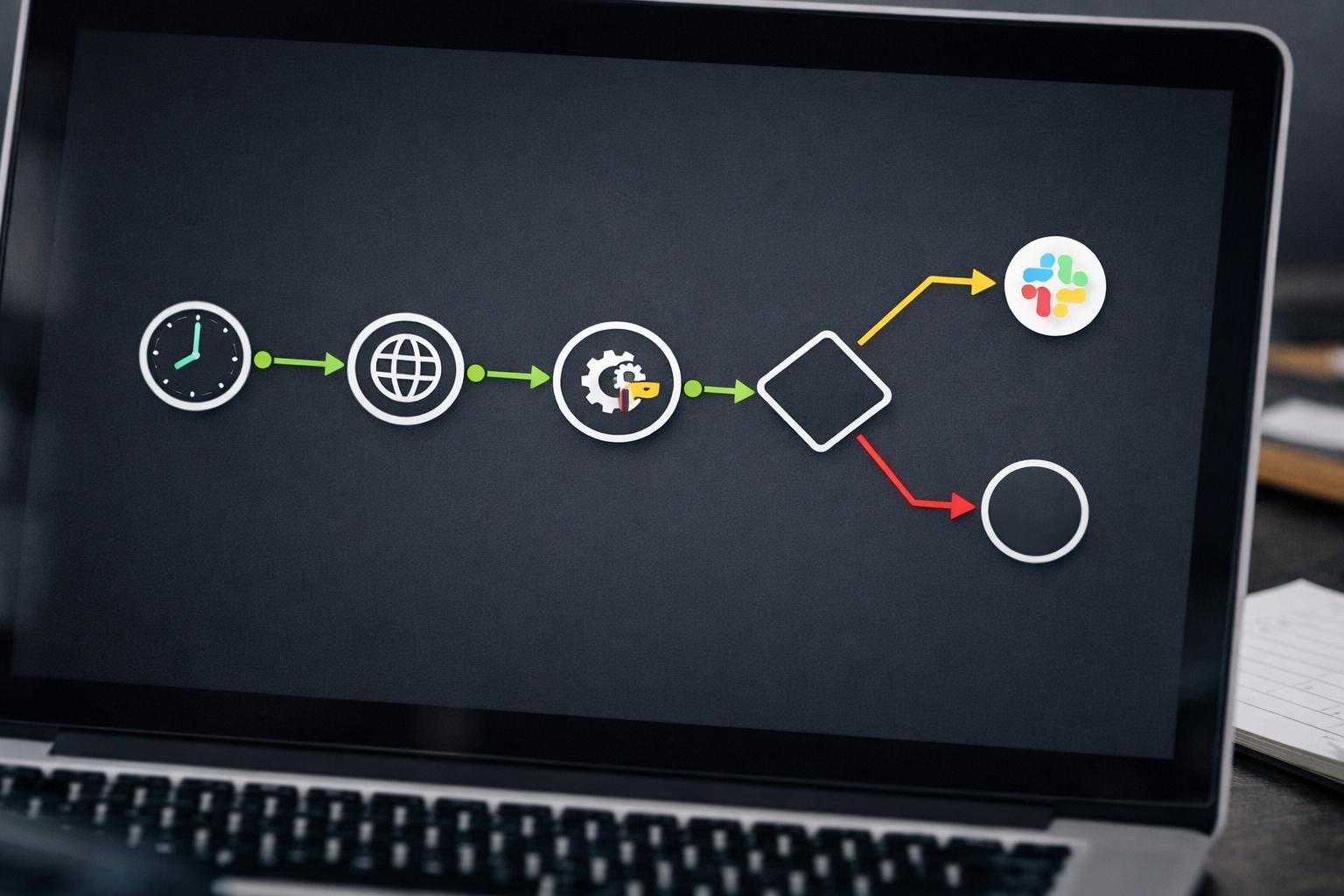 n8n drift detection workflow diagram showing cron trigger to Slack alert pipeline with Python script comparison node