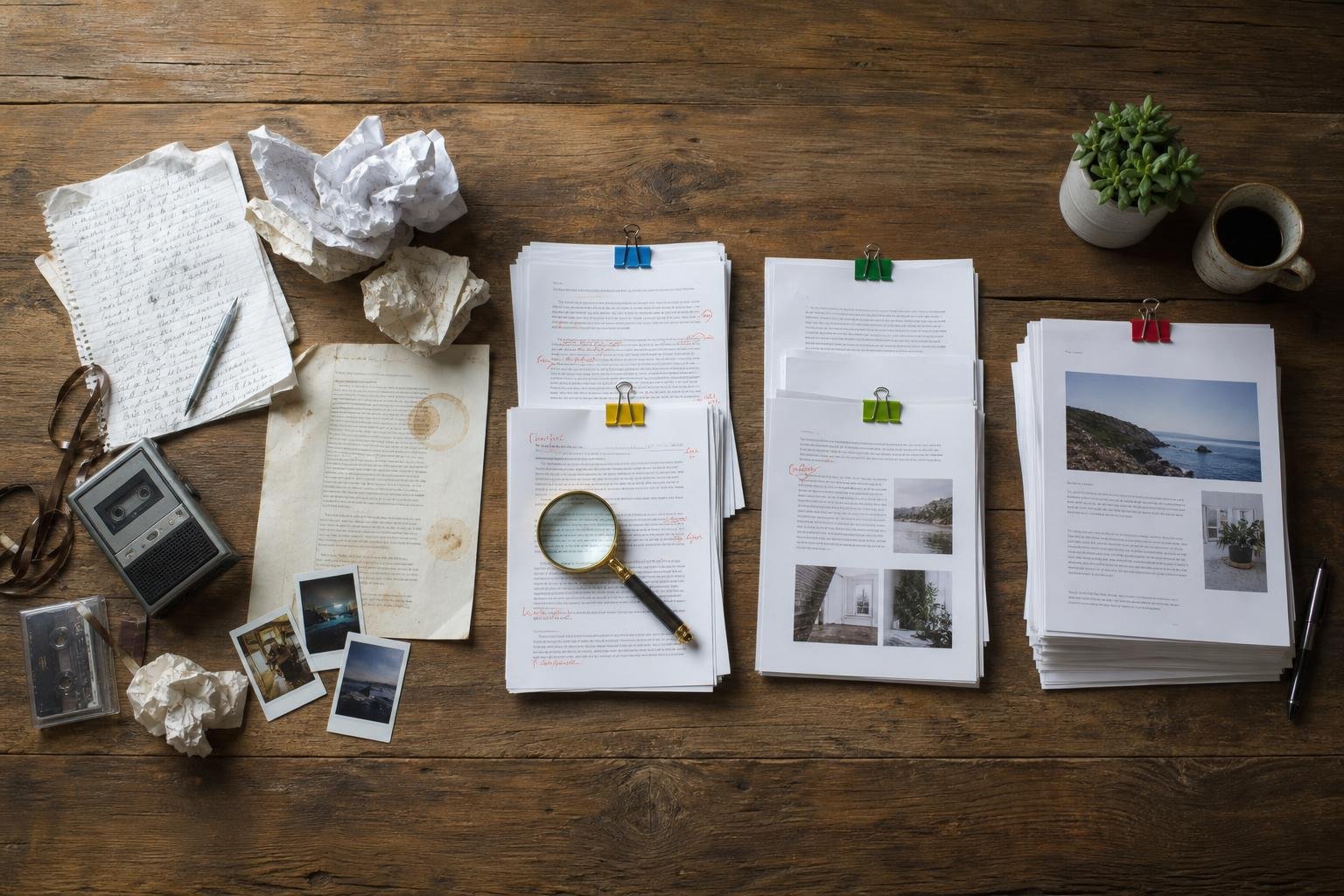 Overhead view of raw notes and transcripts transforming into polished articles showing how to automate content without AI slop