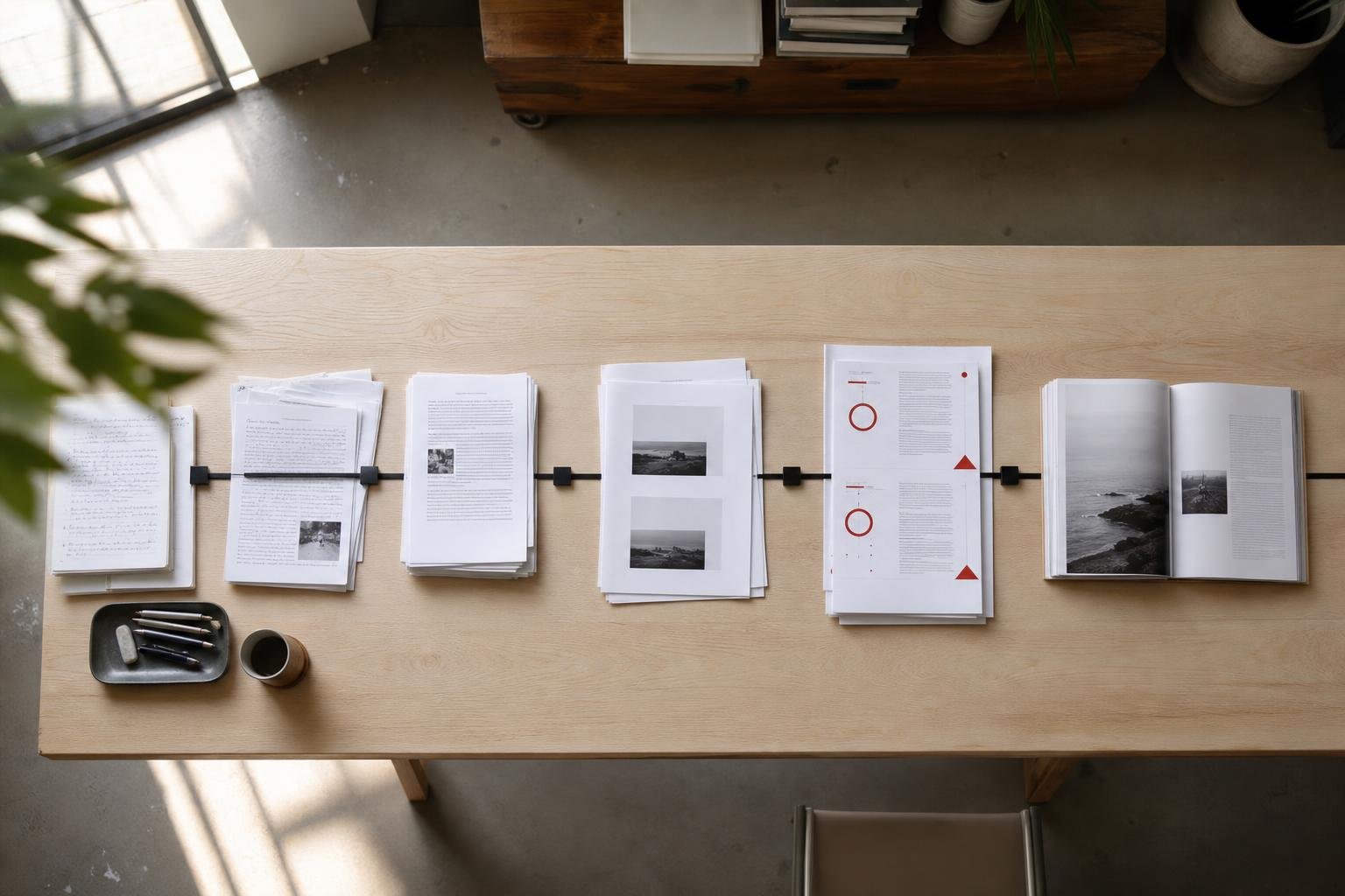 Overhead view of a physical content automation pipeline made from transcripts, drafts, and quality-checked pages linked on a white workbench