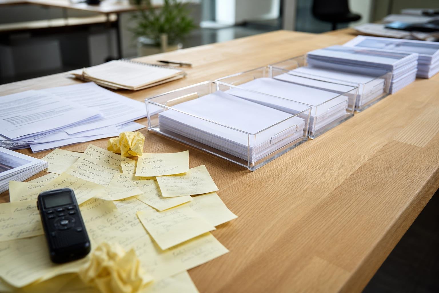 Messy handwritten notes and voice recorder transforming into organized published stacks illustrating automation content pipeline from raw inputs to finished assets