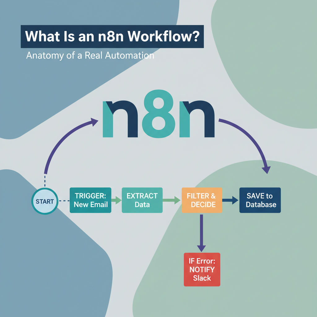 3D illustration of interconnected geometric shapes visualizing an n8n workflow with triggers, nodes, and connections