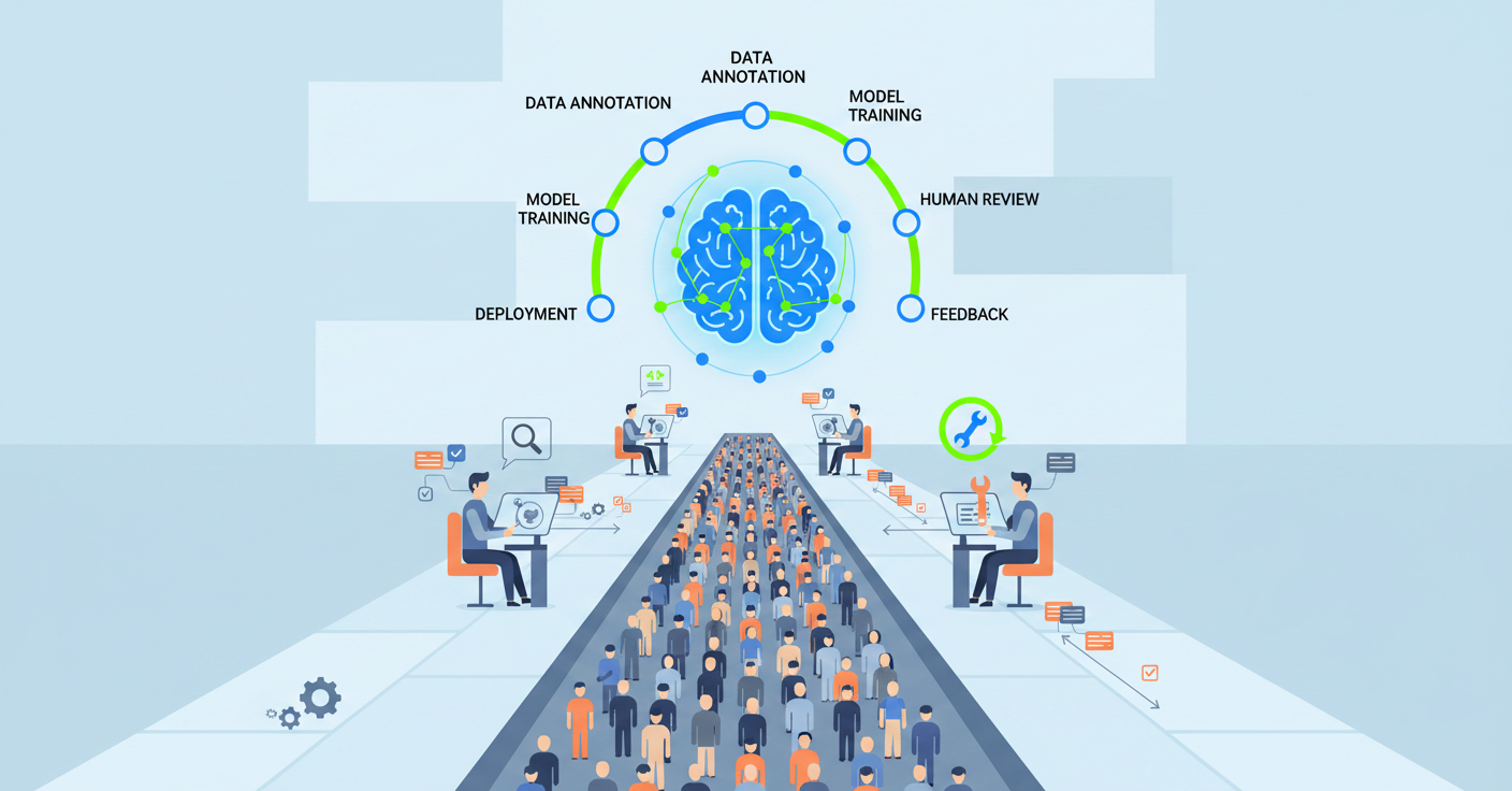 A diagram illustrates the flow of a machine learning process, from data annotation to deployment, followed by model training, human review, and feedback.