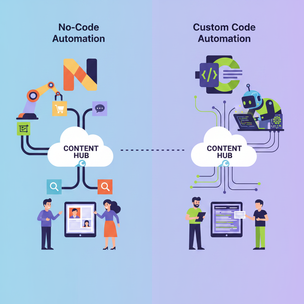 3D render illustrating No-Code vs. Custom Code Automation pipeline with quality gates for content teams