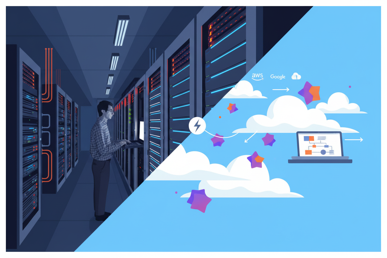 3D render illustrating On-Premise vs. Cloud Automation for content pipelines as local vault and cloud module connected
