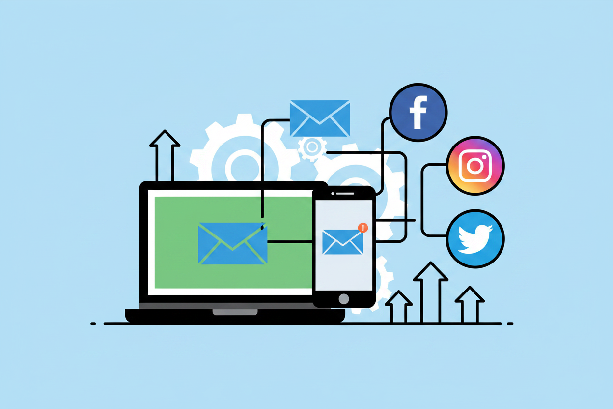 3D render illustrating Automating Newsletters and Social Media as parallel pipelines passing through quality gates