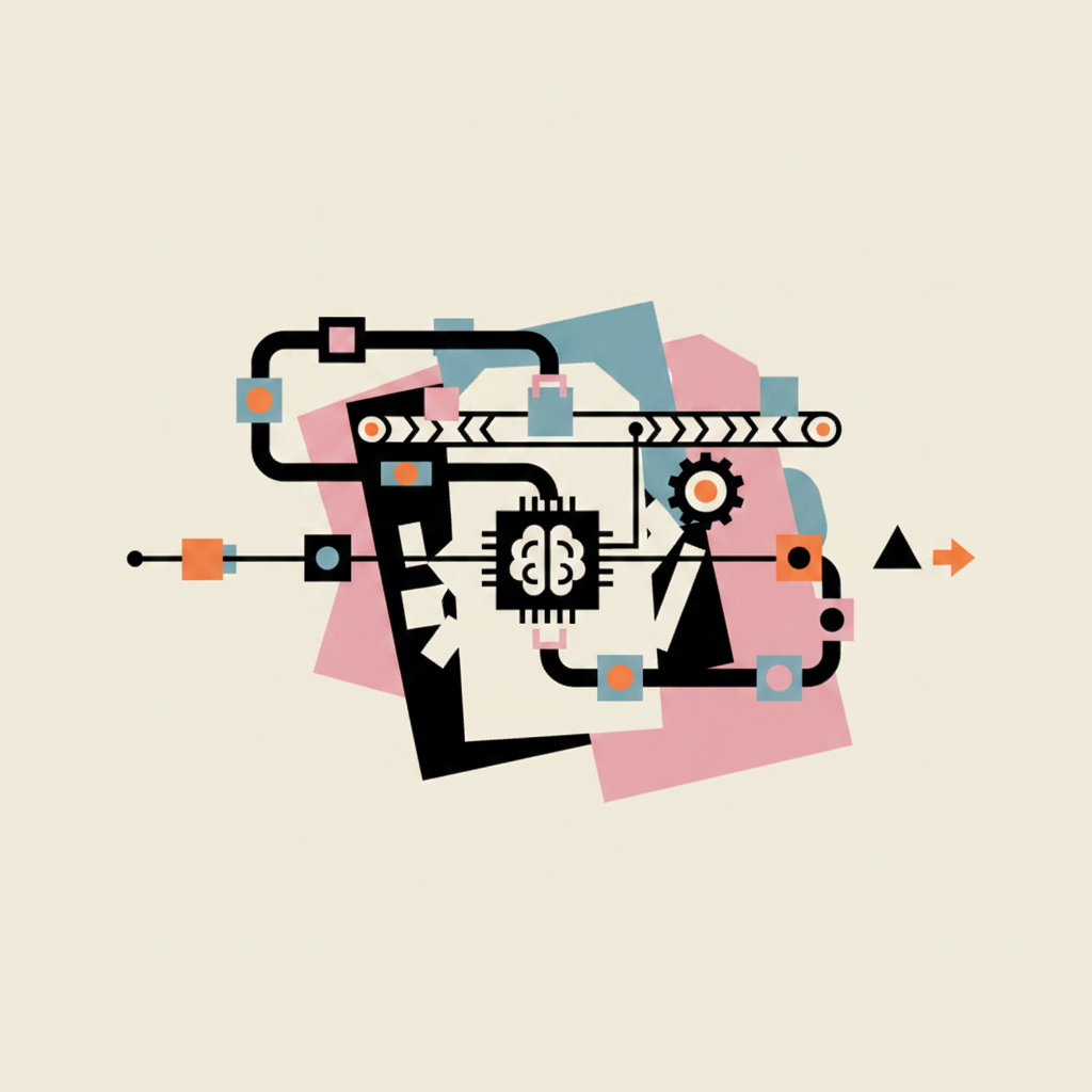 An abstract illustration depicts a circuit board with a central brain-like symbol, surrounded by interconnected geometric shapes and lines in black, orange, teal, and pink.