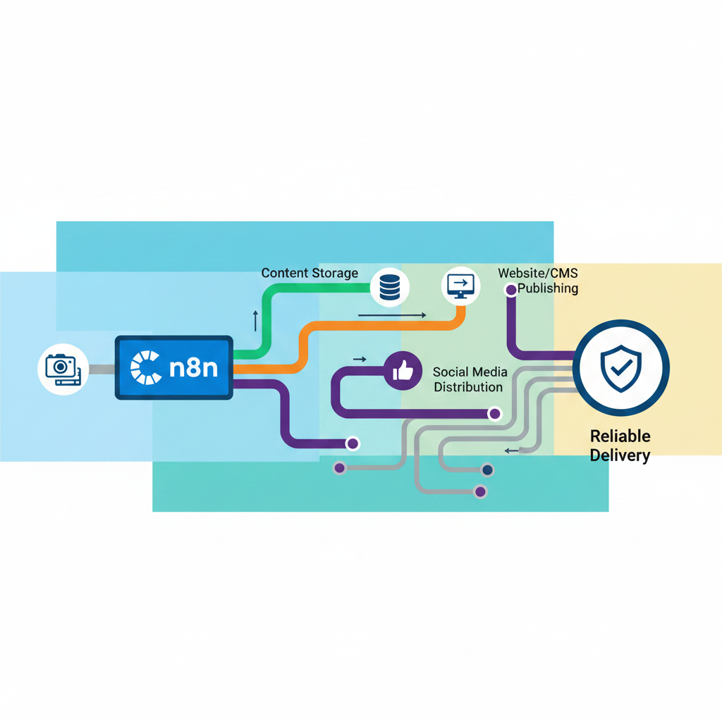 3D render illustrating n8n Integration Techniques with interconnected workflow nodes forming a reliable content pipeline
