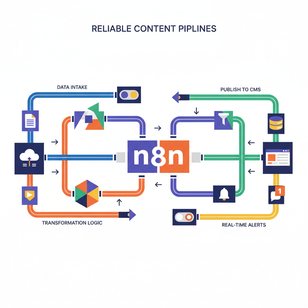 The image illustrates a content pipeline involving data ingestion, transformation, publishing, and real-time alerts.