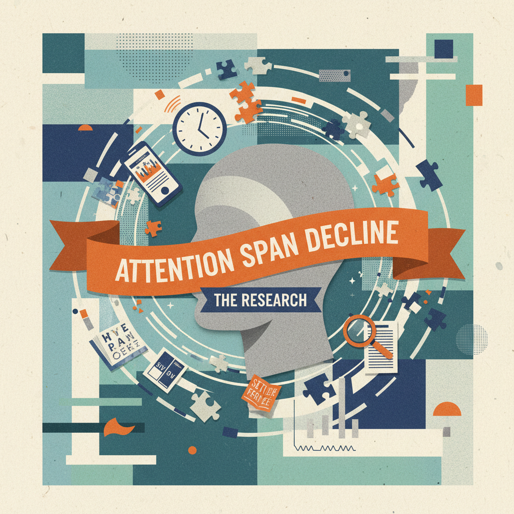 An illustration titled "ATTENTION SPAN DECLINE" depicts a head silhouette surrounded by various objects and symbols, including puzzle pieces, a clock, a smartphone, a magnifying glass, a book, a magnifying glass, a graph, and a magnifying glass. The text "THE RESEARCH" is displayed below the head.