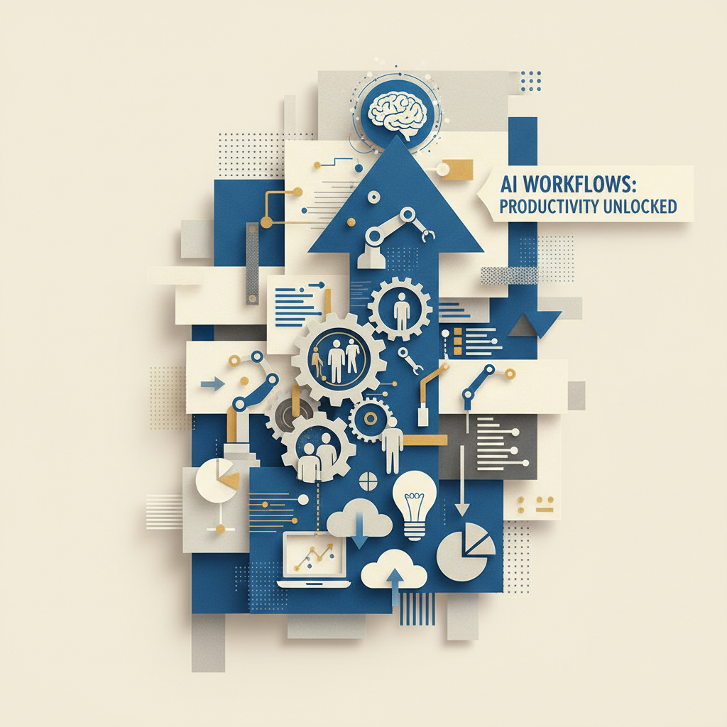An illustration depicts interconnected blue and beige geometric shapes and icons representing AI workflows, productivity, and technology, symbolizing an upward trend towards unblocked productivity.
