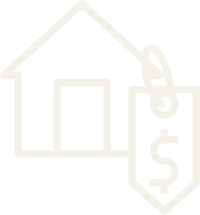 Outline of a house with a price tag hanging from its roof showing a dollar sign.