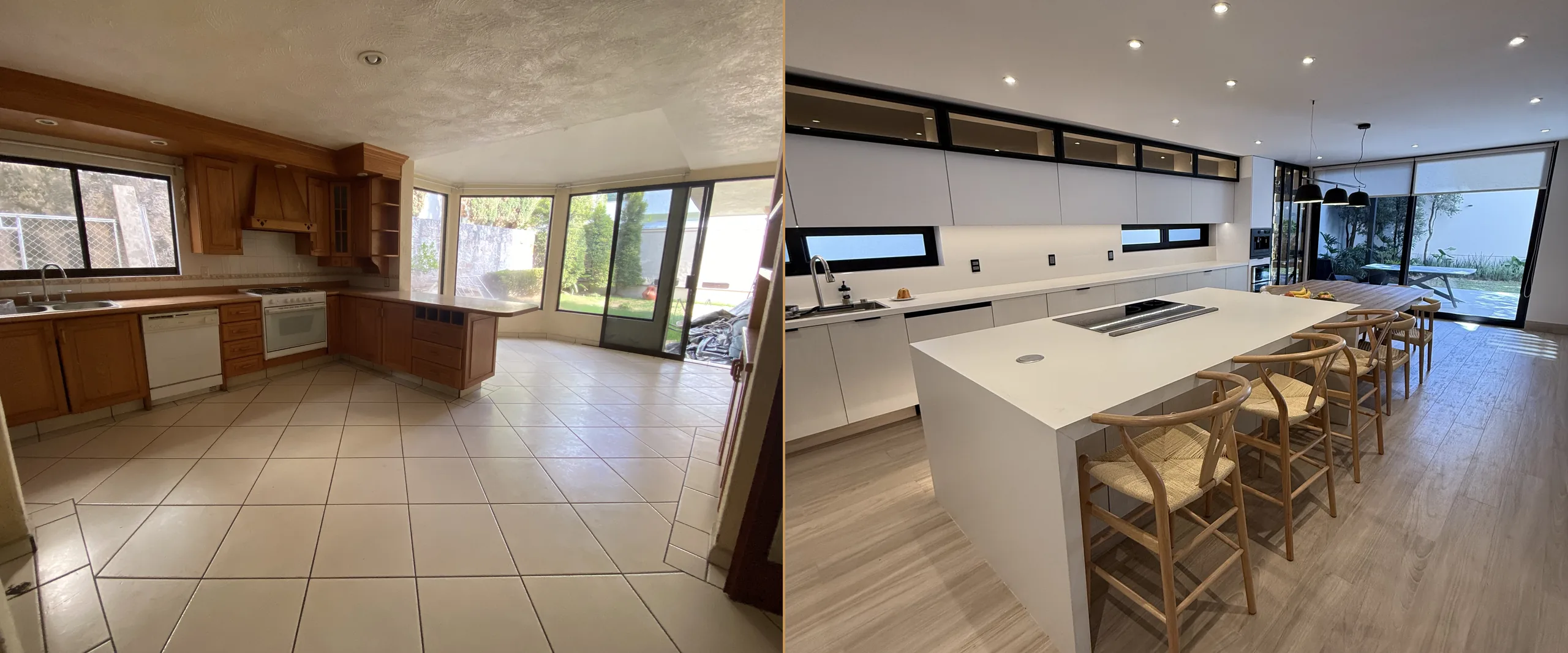 Cocina con isla antes y después de la remodelación