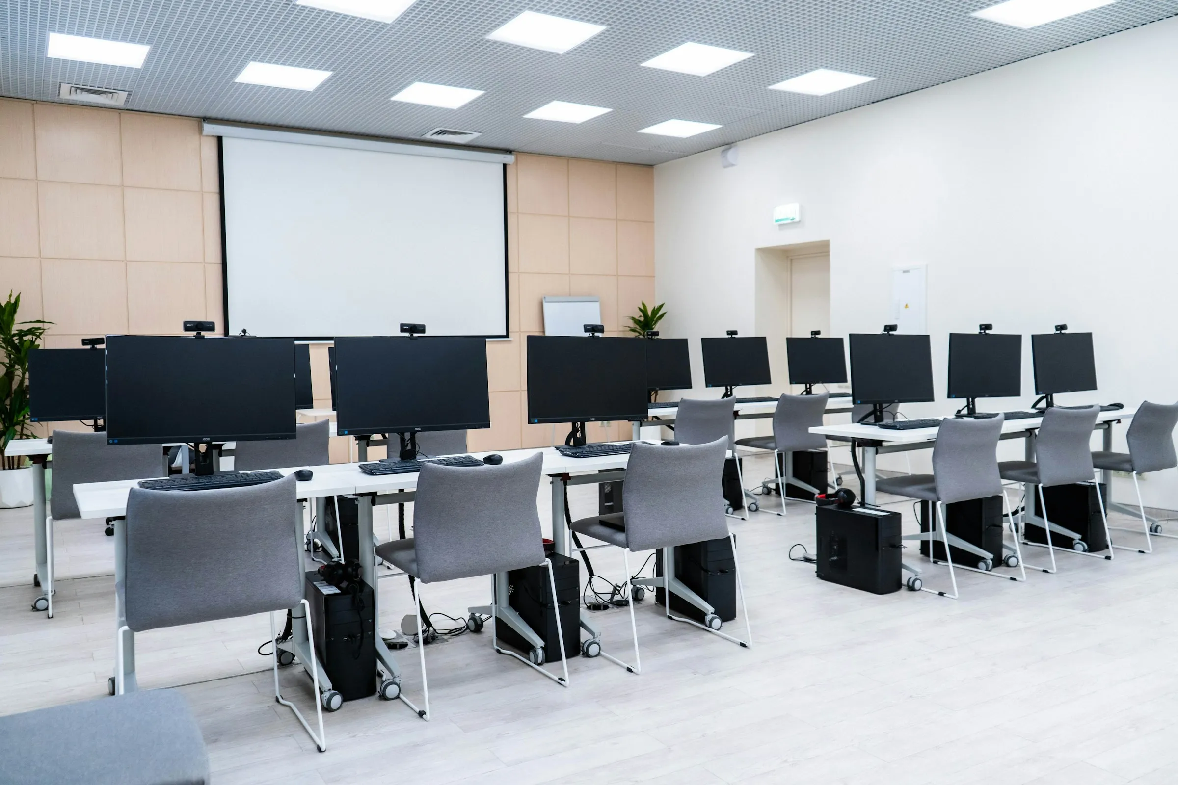 Classroom interior with computer monitors
