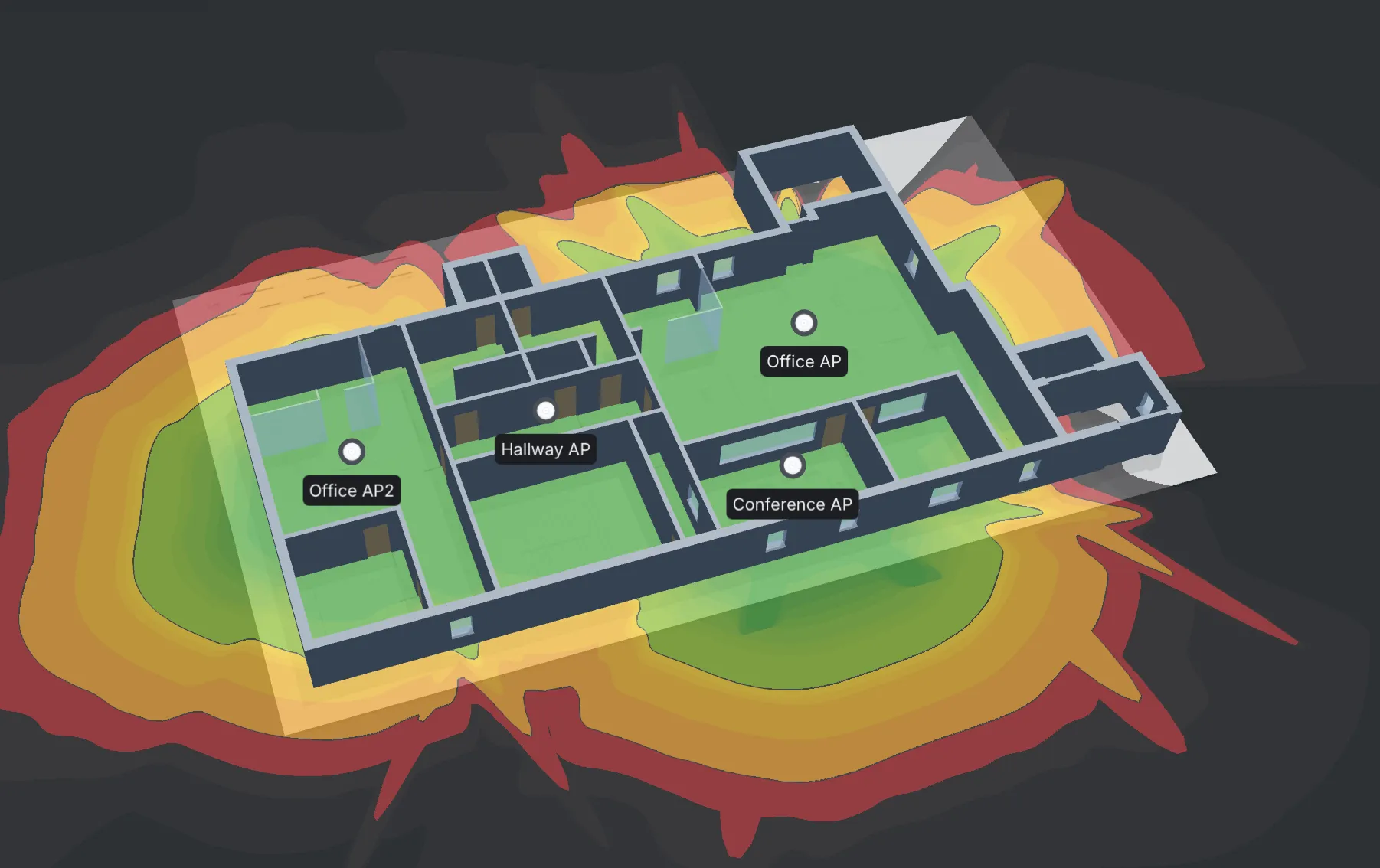 Predictive WiFi coverage heatmap showing UniFi access point placement
