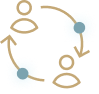 Two user icons connected by arrows forming a cycle with blue network nodes behind them.