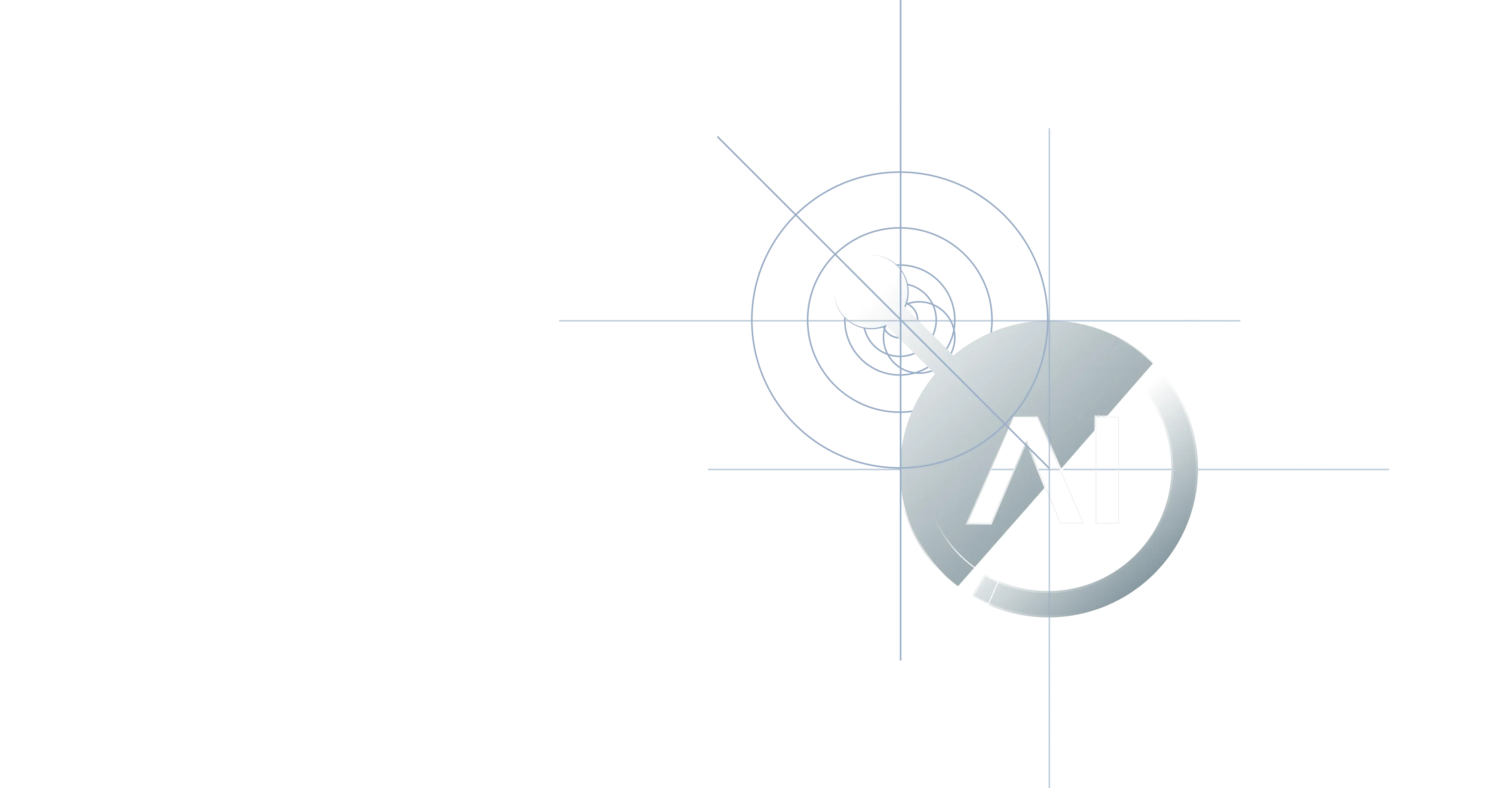 Abstract silver AI logo with intersecting lines and circular geometric design on black background.