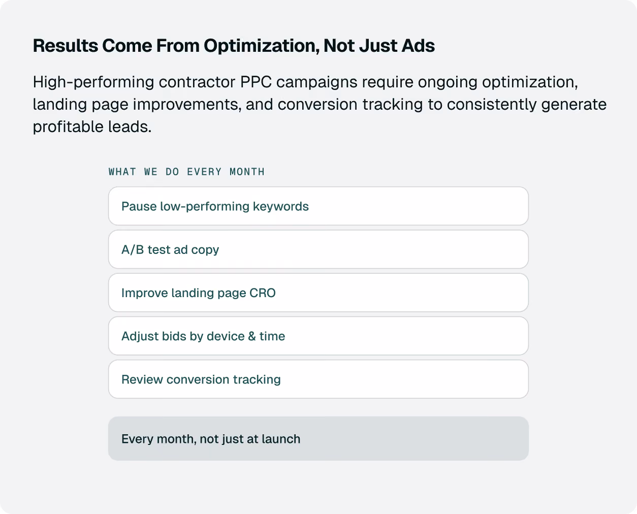 Results Come From Optimization, Not Just Ads. High-performing contractor PPC campaigns require ongoing optimization, landing page improvements, and conversion tracking to consistently generate profitable leads.