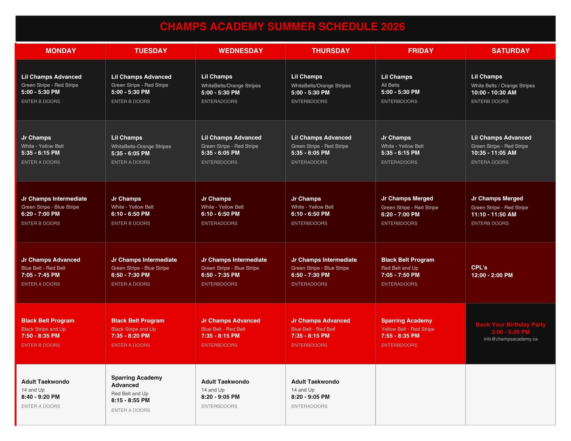 Taekwondo Class Schedule