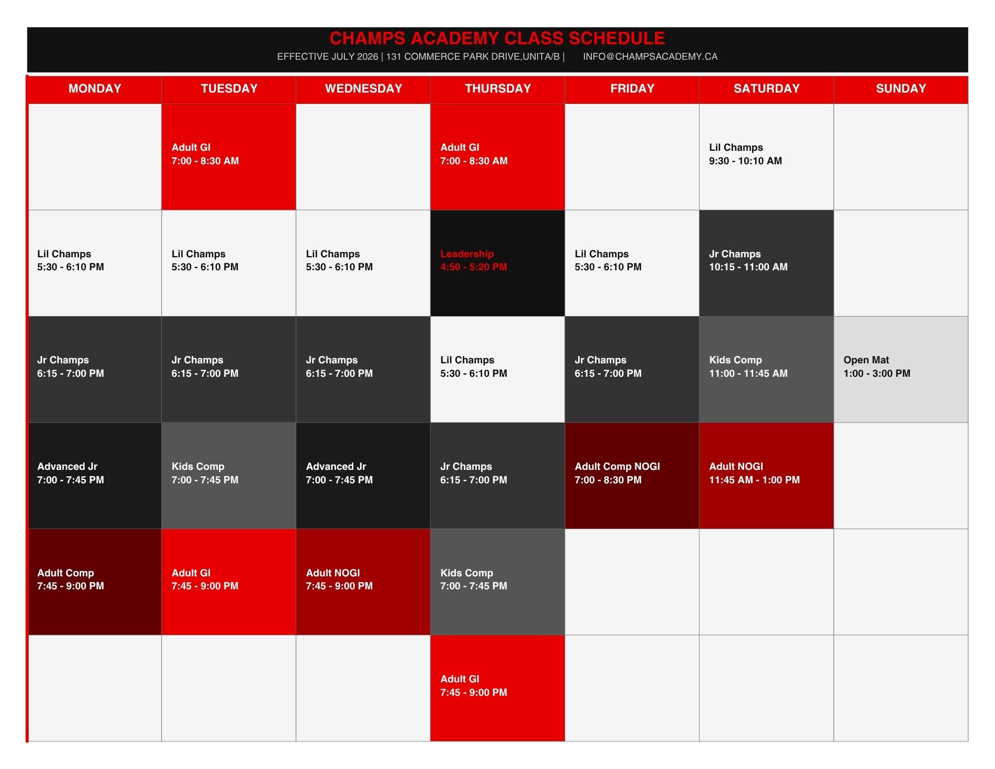 Brazilian Jiu-Jitsu Class Schedule