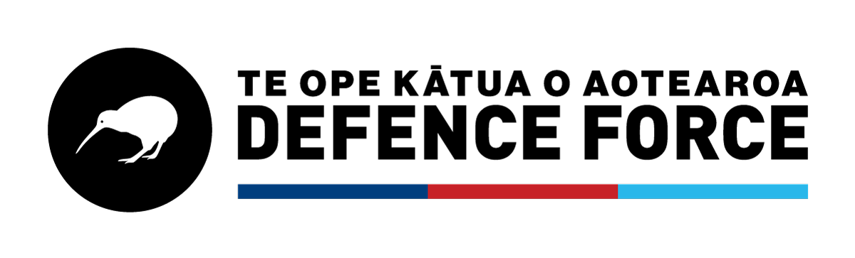 White kiwi bird silhouette next to a blue, red, and light blue horizontal bar on black background.