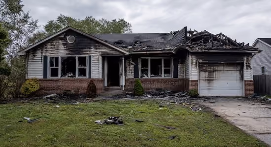 Single-story house with extensive fire damage, charred roof, and broken windows under cloudy sky.