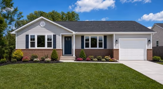 Single-story house with blue door, brick and siding exterior, white garage, and green lawn under a blue sky.