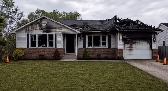 House with fire damage including broken windows, burnt roof, and blackened garage door.