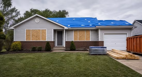 House with boarded windows and a blue tarp covering the roof, surrounded by green lawn and trees.