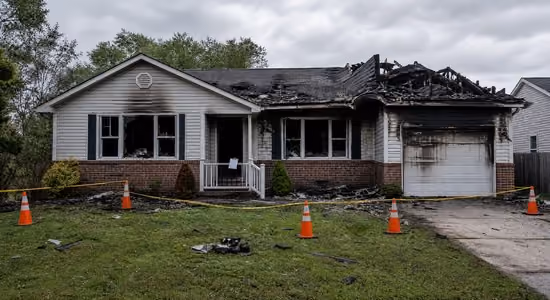 Single-story house with severe fire damage, blackened roof, windows smashed, and caution cones around the yard.