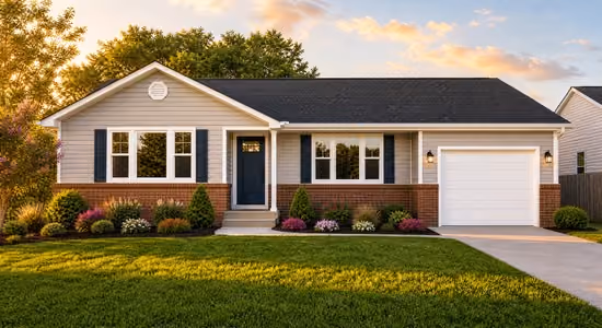 Single-story suburban house with brick and siding exterior, a dark front door, and attached garage.
