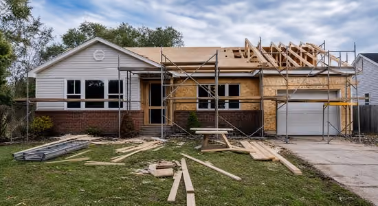 House under construction with scaffolding and wooden planks spread on the lawn and driveway.