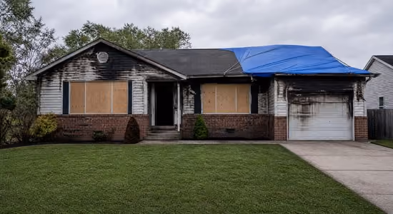 Single-story house with fire damage, boarded windows, and a blue tarp covering part of the roof.