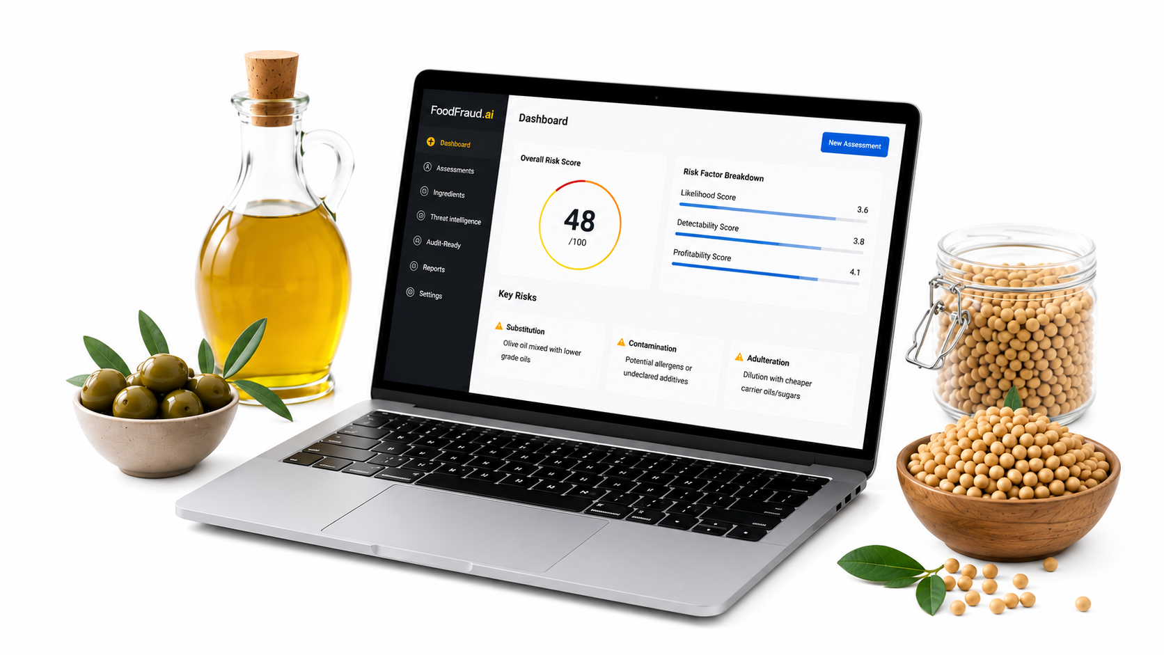 FoodFraud.ai dashboard preview showing risk management interface