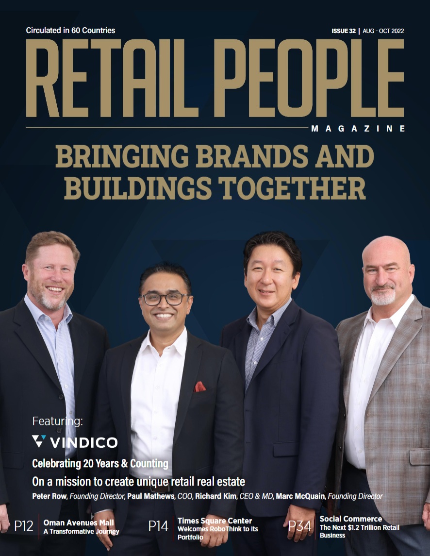 Retail People Magazine issue 32 cover, August to October 2022, featuring Vindico's four directors under the headline "Bringing Brands and Buildings Together".
