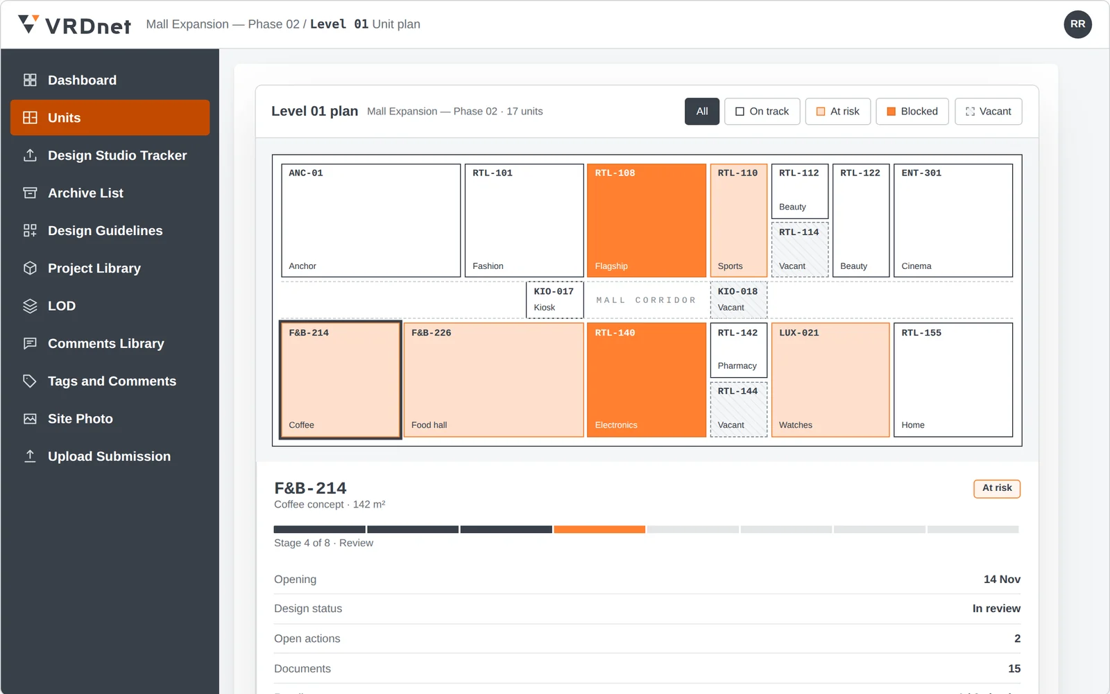 VRDnet screen: a level plan with one unit's record open, showing its submissions, actions and status. Illustrative data.