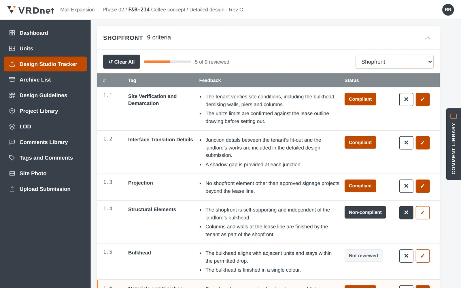 VRDnet screen: a design submission under review, with each criterion marked compliant or non-compliant. Illustrative data.