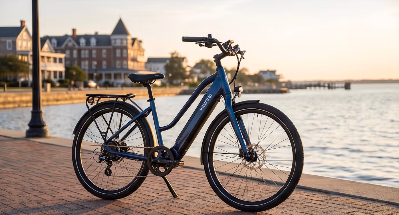 Blue electric bike parked on a waterfront promenade with buildings and water in the background.