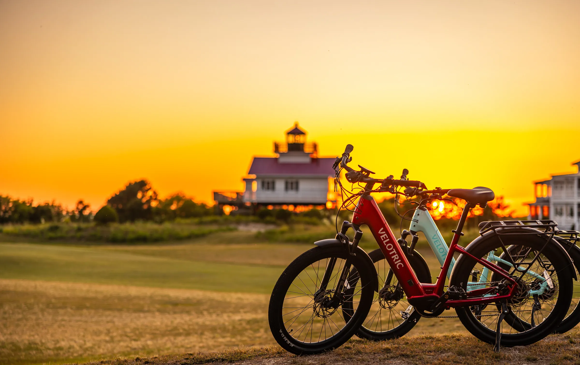 Two e-bikes on a gold course near Cape Charles Virginia on the Chesapeake bay. 