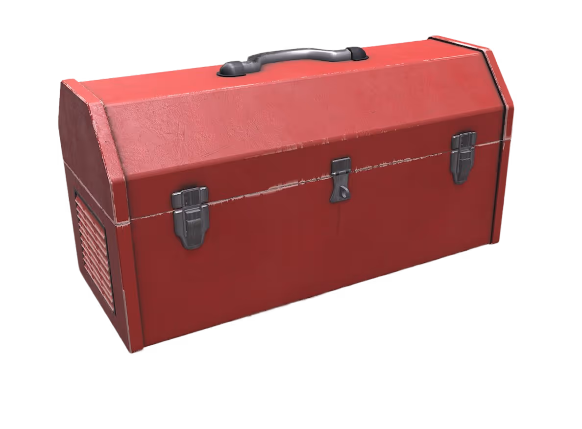 Red metal toolbox with three silver latches and a black handle on top.