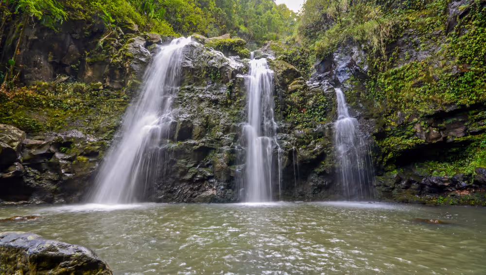 Three parallel waterfalls flowing over mossy rocks into a calm pool surrounded by green foliage.