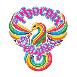 Colorful stylized phoenix with vibrant rainbow wings and the words Phoenix Delights.