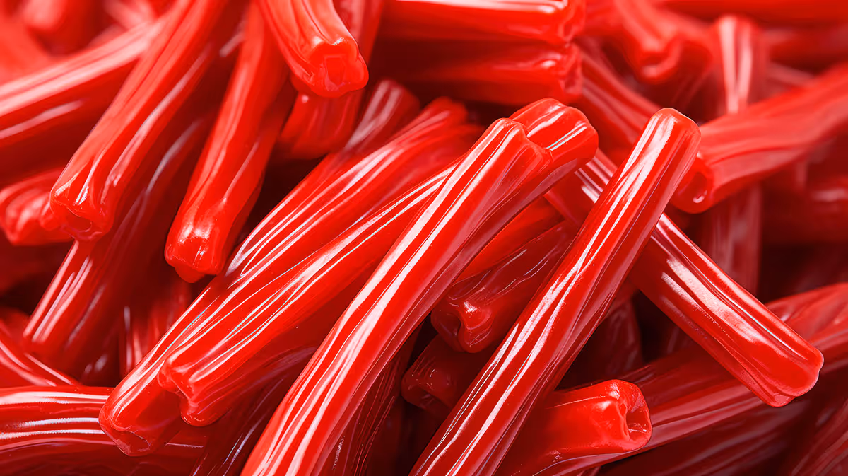 Close-up of glossy red licorice candy sticks piled together.