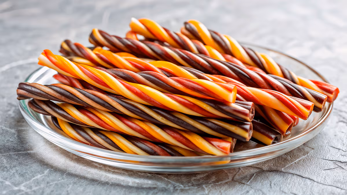 Glass plate with colorful twisted licorice candy sticks in brown, orange, red, and cream colors.