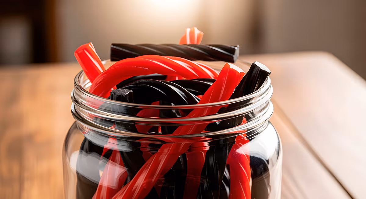 Glass jar filled with red and black licorice sticks on a wooden surface.