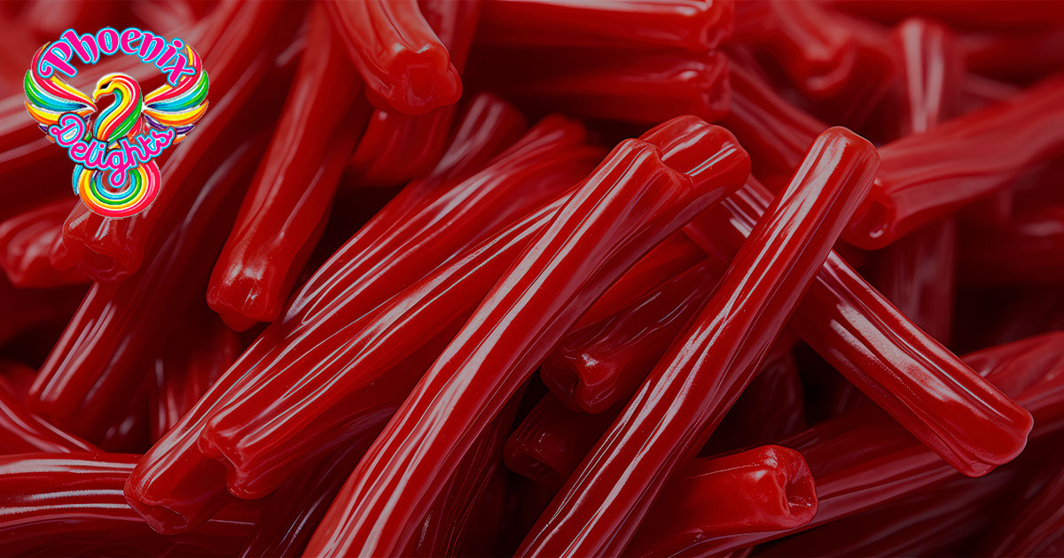 Close-up of glossy red licorice sticks piled together with Phoenix Delights logo in the corner.