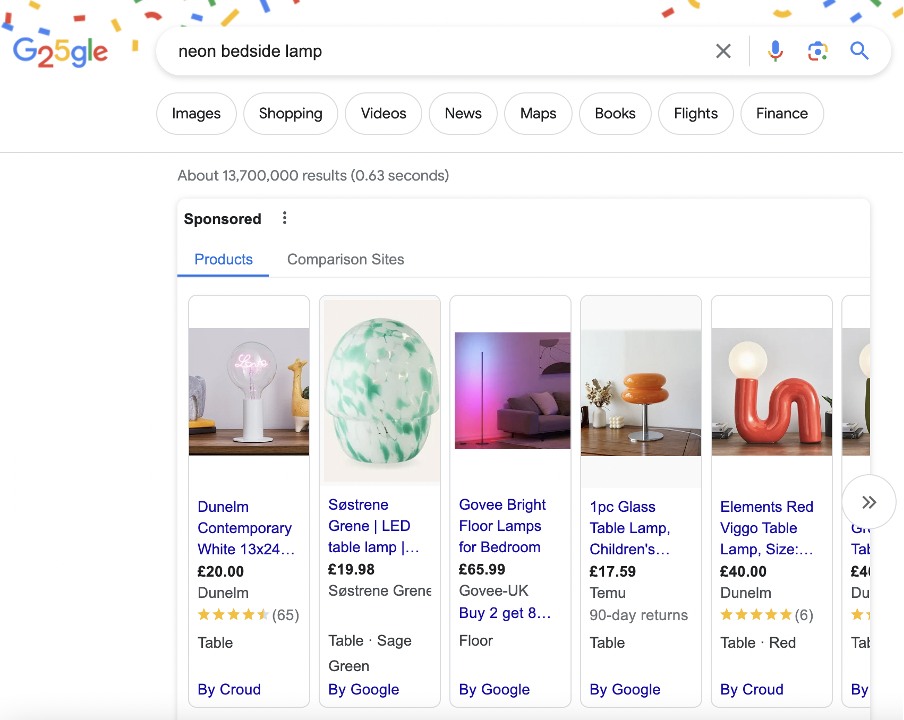 Bedside lamp Google search results page