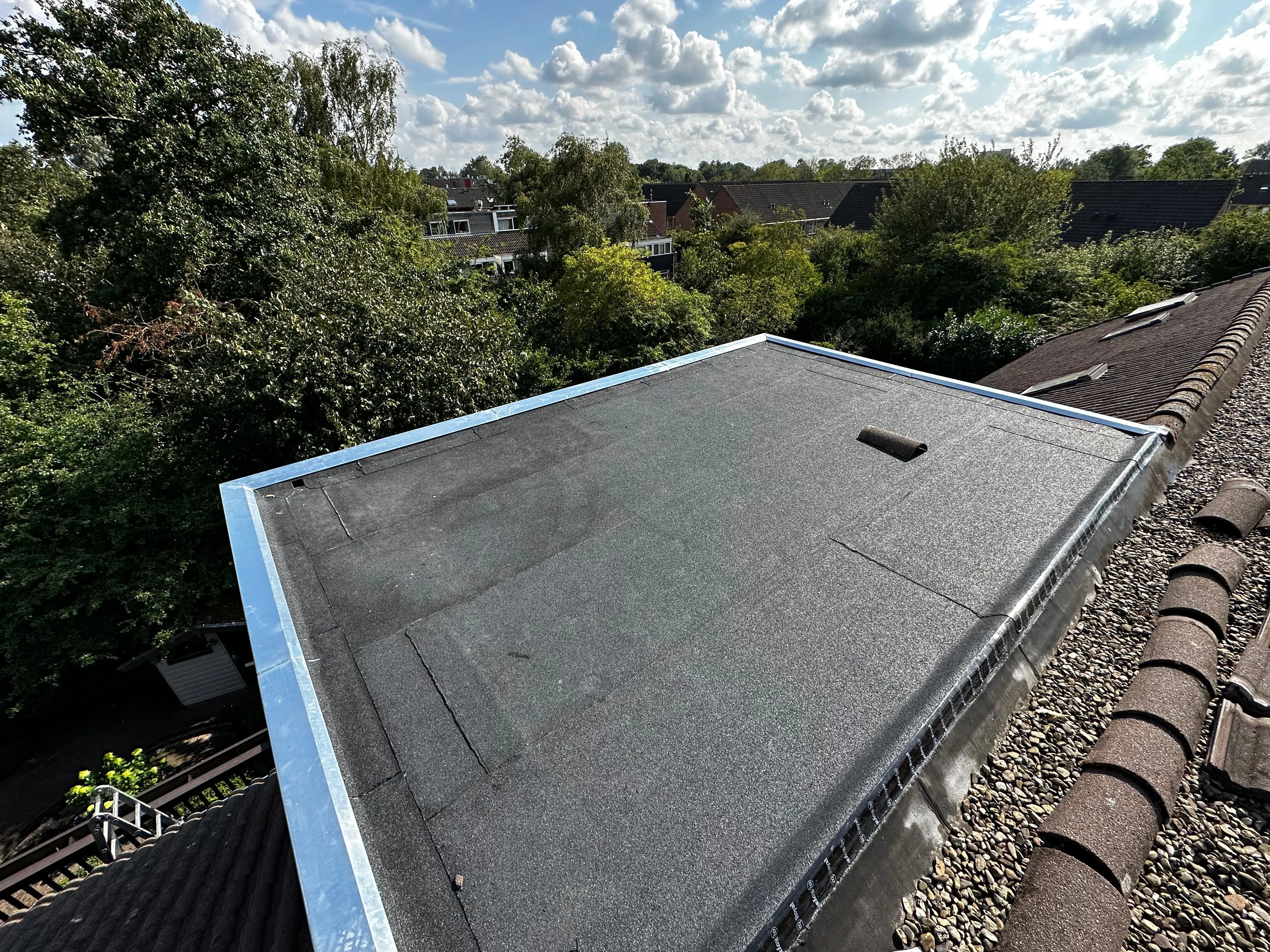 Plat dak met zwarte bitumenbedekking en metalen rand omgeven door bomen en huizen.