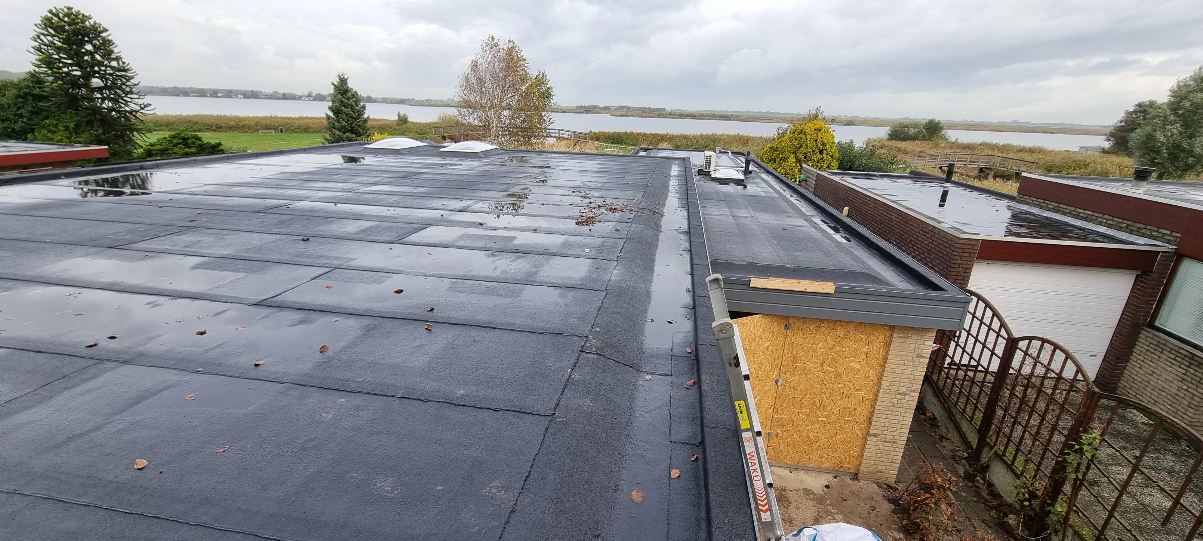 Flat building roofs wet from rain with a ladder leaning on one and a boarded window below.